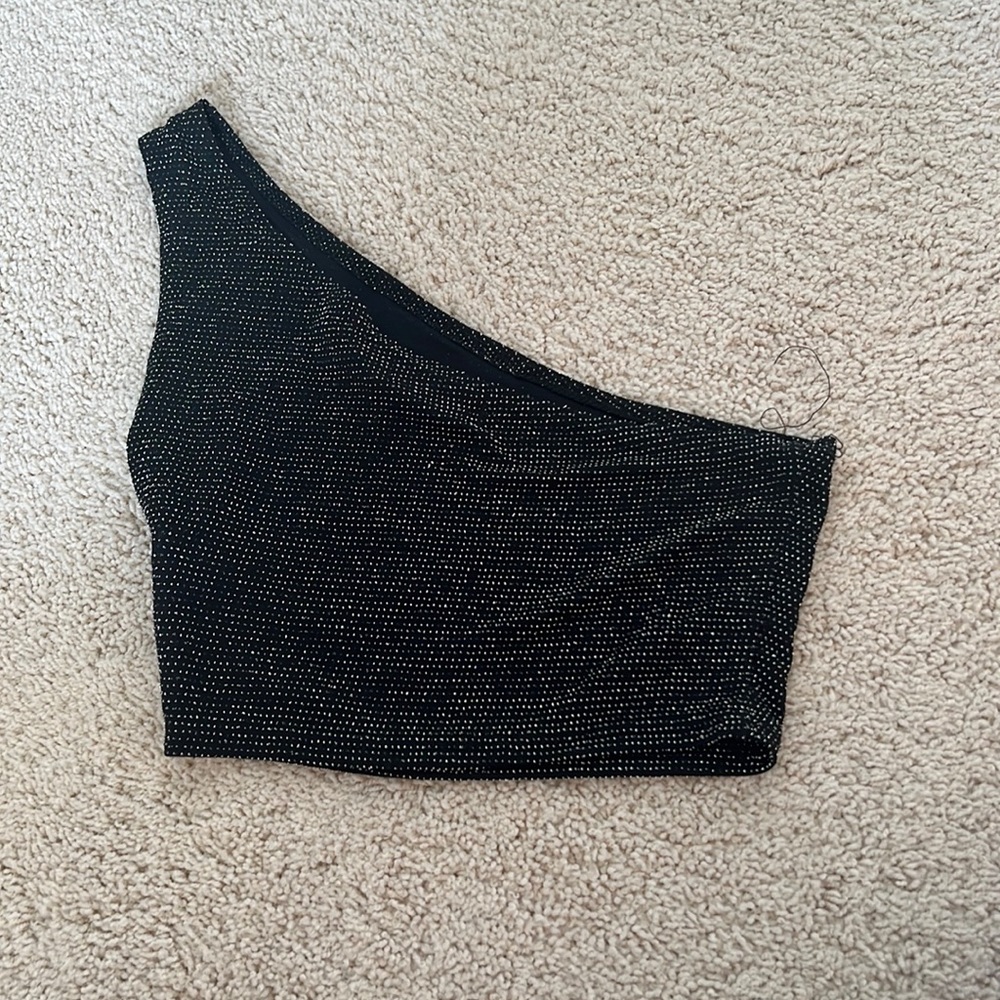 One shoulder black sparkly cropped top